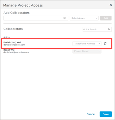 ConstructConnect Takeoff Manage Access dialog box