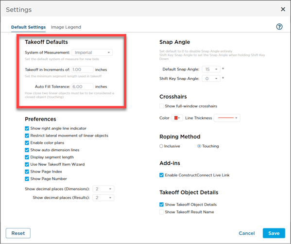 1702 Settings Takeoff Default New Bid Settings Constructconnect Product Help 6946